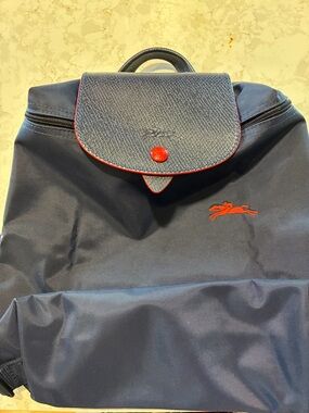 Longchamp Navy Backpack with Red Trim and Logo